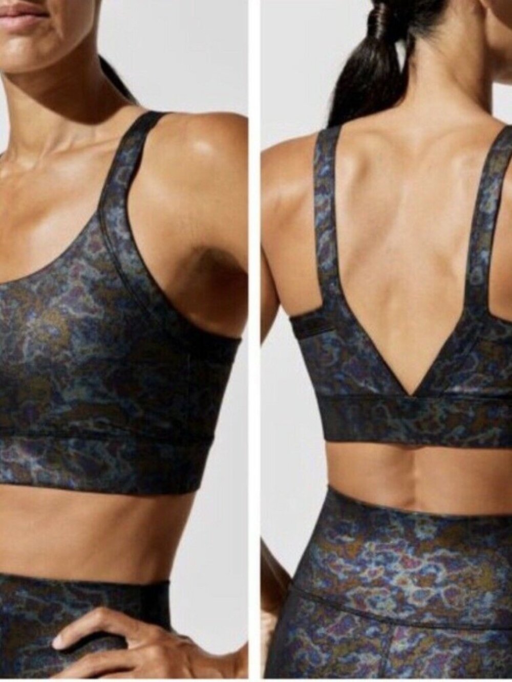 Carbon38 Black Oil Slick Galaxy Foil V Back Sports Bra NEW Rare M